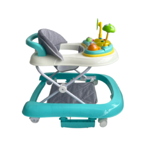 Bebé usando caminador andadera 4 en 1 con función de mecedora, altura ajustable y asiento acolchado. Incluye bandeja de juegos, ruedas antideslizantes y base estable para seguridad. Diseño colorido y multifuncional para estimular el movimiento y el entretenimiento.